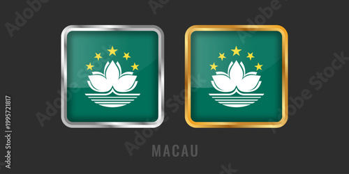 High-quality square gold and silver labels with the flag of Macau. Premium icons for Macanese products, manufacturing origin, and regional certification.