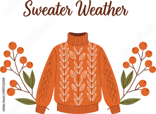 Cozy sweater weather vector illustration featuring a knitted sweater and autumn leaves for fall and winter designs