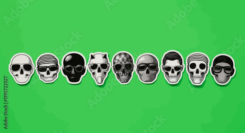 Collection of Diverse Skull Illustrations with Various Expressions and Styles.