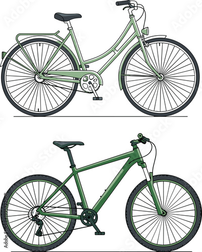 Set of bicycle vector illustrations including a city bike and a mountain bike in green color for outdoor and transportation designs