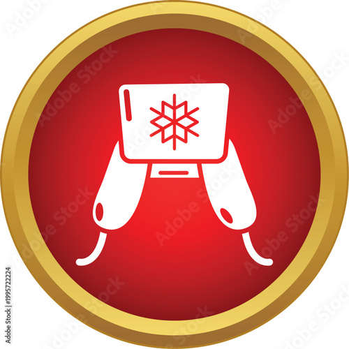 White modern ushanka winter hat with a snowflake in a red circle