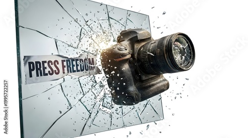 Press freedom concept with professional DSLR camera smashing through glass. Journalism censorship and media rights metaphor. Shattered glass shards around digital camera and press text. isolated