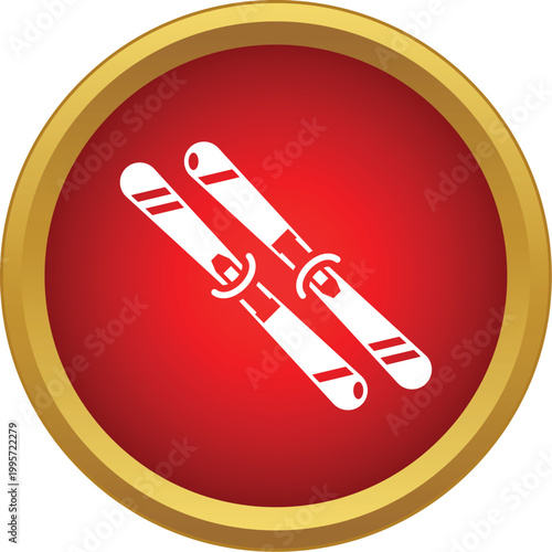 White skis symbol inside a round red button with a golden border