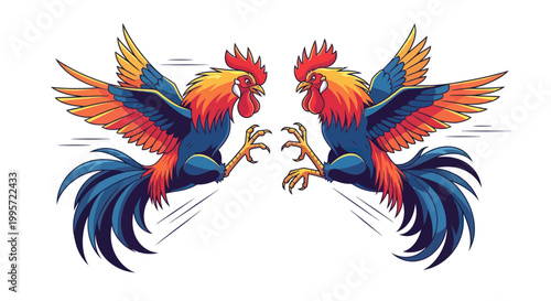 Two Roosters Fighting, Dynamic Illustration of Aggressive Birds