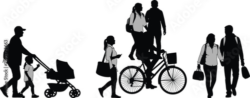 Urban lifestyle silhouettes showing people walking cycling and family activities with stroller and bags isolated on white background