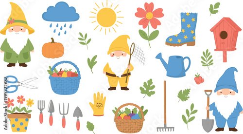 Set of colorful gardening gnome vector illustrations with tools, plants, flowers, and seasonal elements for garden and outdoor designs