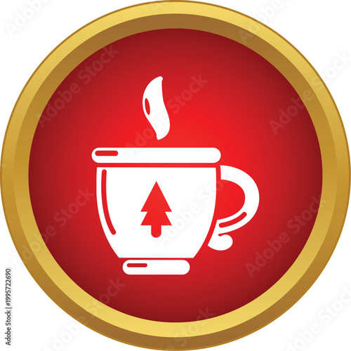 Steaming mug with a christmas tree design inside a red and gold circle