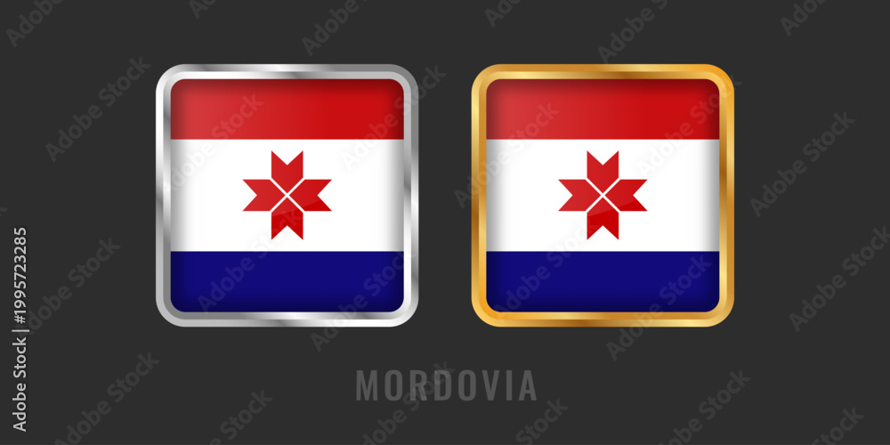 Obraz premium Professional square gold and silver labels featuring the flag of Mordovia. High-quality emblems for local products, 