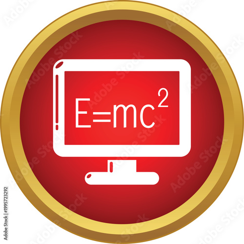 Emc2 formula displaying on a computer monitor in a red circle icon