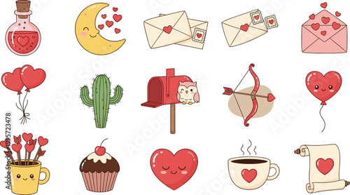 Set of cute Valentine’s Day vector illustrations including hearts, love letters, balloons, gifts, and sweet treats
