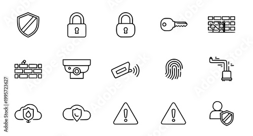 Security and protection icons set line art style