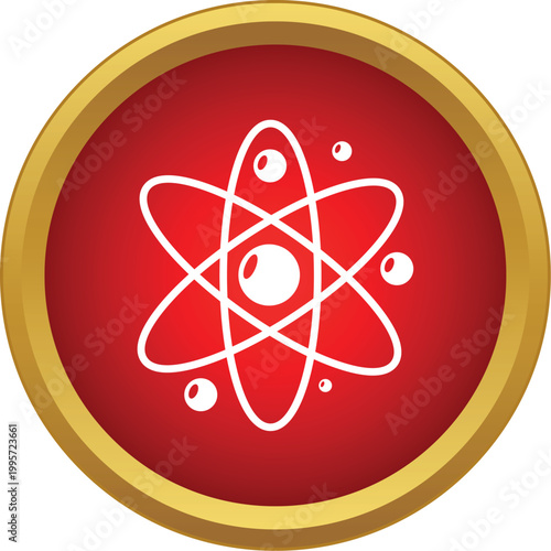 Atom structure icon representing science, research, and innovation on a red button
