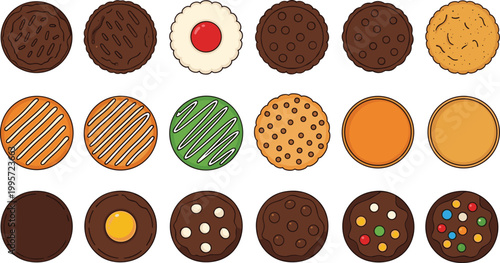 Set of various cookie vector illustrations in different flavors and designs for dessert and bakery themed projects