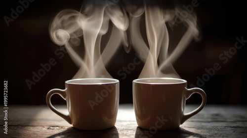 Two coffee cups with heart shaped steam rising. Romantic hot drink for Valentines Day and special occasion. Love and warmth concept.