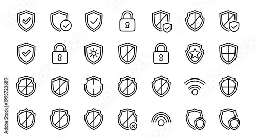 Security and protection icons set line art style