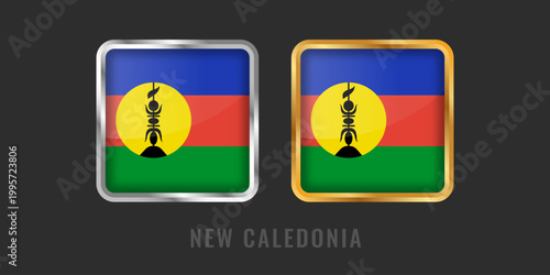 Professional square gold and silver labels with the New Caledonia flag. High-quality metallic emblems for local products, manufacturing origin, and regional identity certification.
