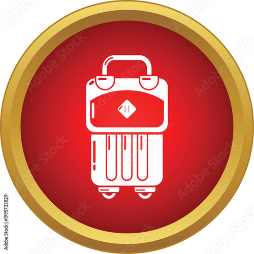 White suitcase with wheels showing travel and luggage on a red and gold button