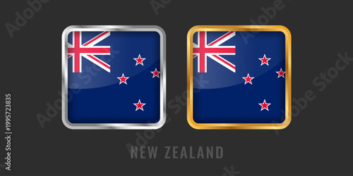 High-quality square gold and silver labels featuring the flag of New Zealand. Professional metallic icons for Kiwi products, exports, and manufacturing origin certification.