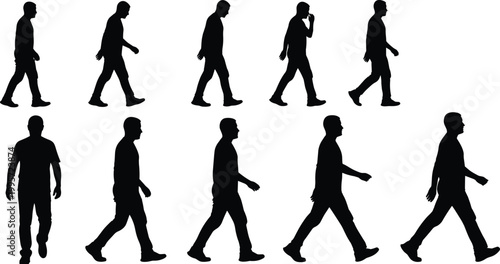 Walking man silhouette collection showing different poses and motion sequences isolated on white background representing movement, activity and human gait