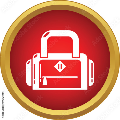 White duffel bag icon on a red circle with gold border