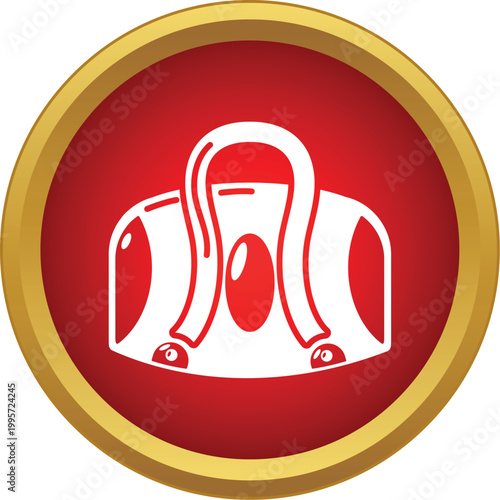Sport bag white line icon on a red and gold button representing travel and fitness