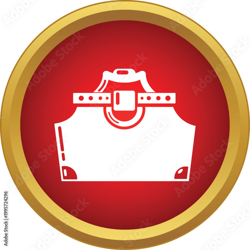 White outline of a classic handle bag presenting style and elegance in a round red icon