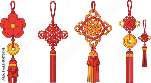 Set of Chinese knot vector illustrations featuring traditional red tassels and decorative designs for festive decor