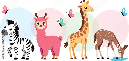 Cartoon vector illustration of cute animal collection showing zebra llama giraffe fawn with butterflies and playful design