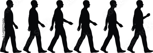 Walking man silhouette sequence in side view isolated on white background representing human motion, step progression and everyday movement activity concept