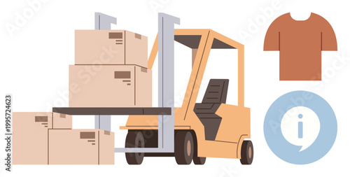 Logistics, warehouse management, delivery services, shipping, e-commerce, supply chain. Forklift carrying boxes, t-shirt and info icons add visual elements. Logistics and warehouse management