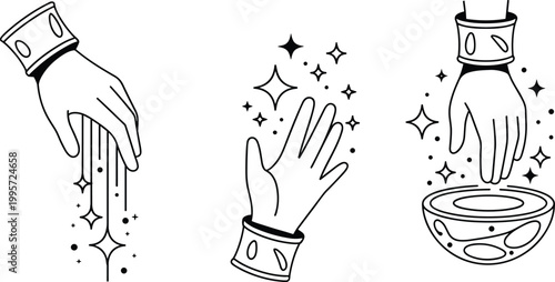 Cartoon vector illustration of mystical hand collection showing sparkles stars energy transformation with magical decorative design