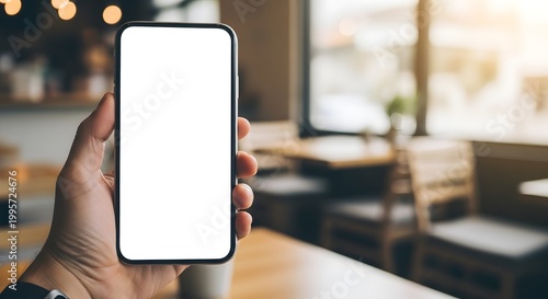 Modern smartphone in hand, blank screen, perfect for showcasing apps and digital content