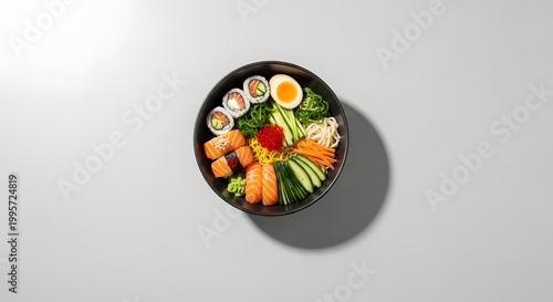 A top-down view of a delectable sushi and sashimi bowl, showcasing fresh ingredients and vibrant colors