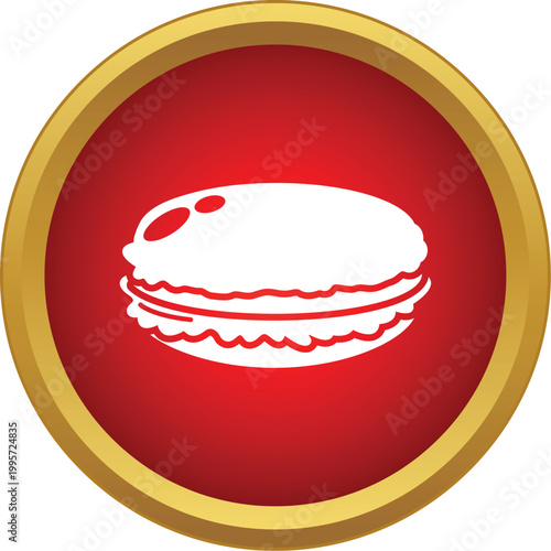 White macaroon symbol on a red round button with a golden frame