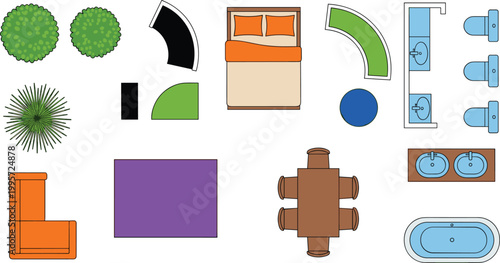 Set of interior design vector illustrations including furniture, plants, and decor items for home or office layouts