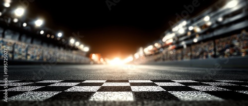 Checkered racing track in vibrant night lights.