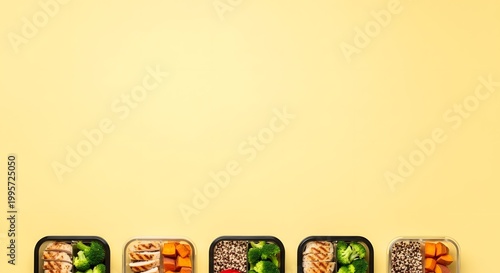 Healthy Meal Prep Containers Filled With Delicious and Nutritious Food on a Yellow Background