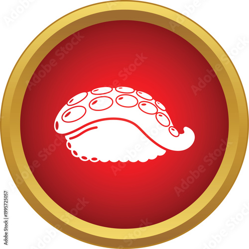 White octopus nigiri icon illustrating seafood cuisine inside a red circle with a golden border