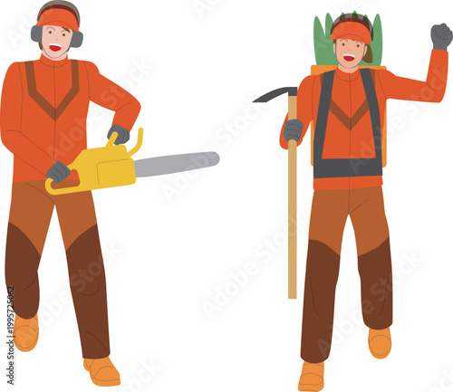 林業でチェーンソーを持つ男性と植栽をする女性。元気で働くイメージのイラスト