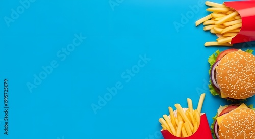 Delicious Fast Food Feast Burgers and Fries on a Vibrant Blue Background