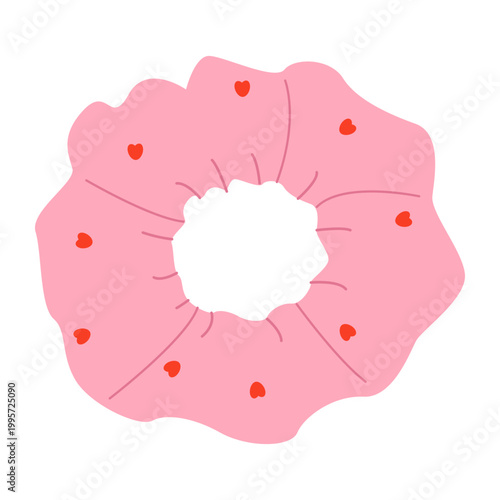 Pink textile hair scrunchie with red hearts pattern, hair accessory vector illustration.
