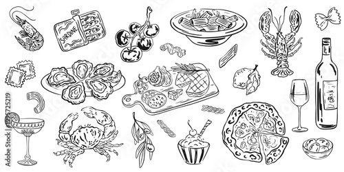 Hand drawn Mediterranean food and drinks. Set of various Italian food lunch and dinner icons in doodle style. Pasta, olive, pizza, lemon, cheese, wine.  Table setting drawings for cafe, restaurant
