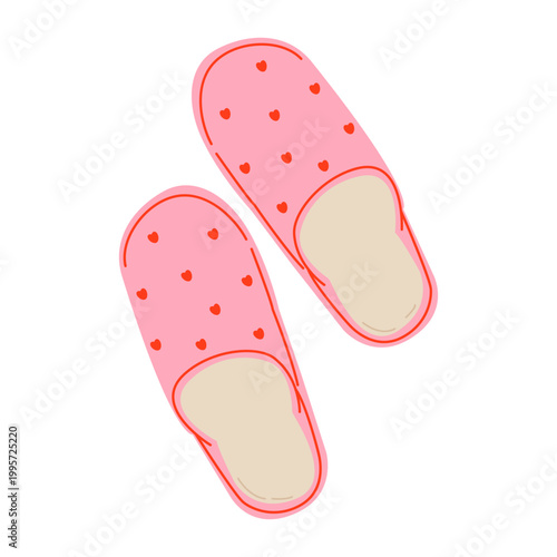 Cozy pink home slippers with red hearts pattern, domestic footwear vector illustration.