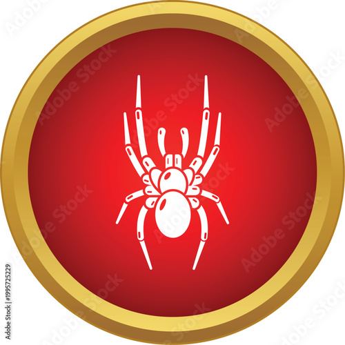 White spider representation inside a bold red circle with a golden border
