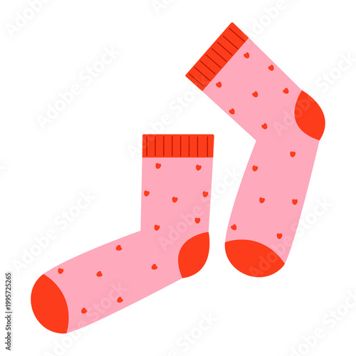 Pair of pink cotton socks with red hearts pattern, cozy apparel vector illustration