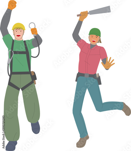 フルハーネスを付けている男性と大工の女性。元気で働くイメージのイラスト。