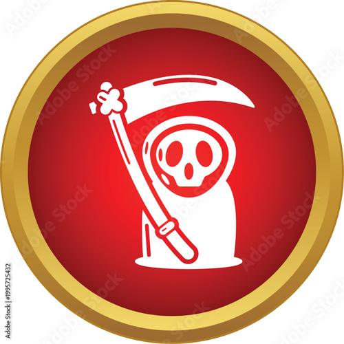 Grim reaper outline with scythe in a red circle, representing death and halloween