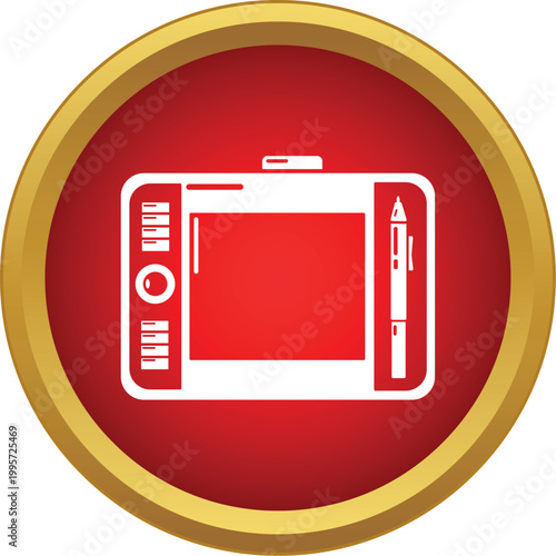 White outline of a digital graphics tablet with a pen on a red and gold button