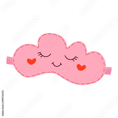 Pink cloud-shaped sleep mask with cute face and hearts, night accessory vector illustration.