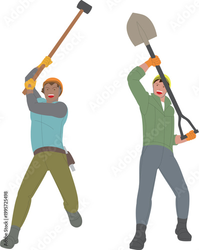 建設現場でハンマー、シャベルを持って働く男性。元気で働くイメージのイラスト。